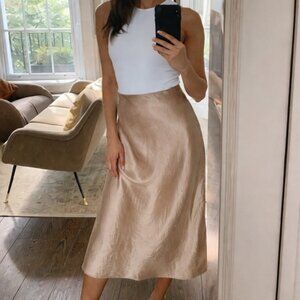 Aritzia Slip Satin Midi Skirt Gold Camel Tan Size 6